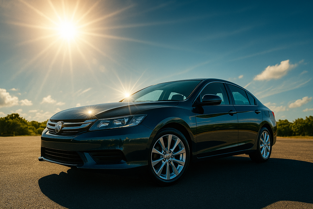 Clean, shiny car with gleaming paint and sparkling wheels parked under bright Australian summer sun, demonstrating proper car care protection against harsh UV rays
