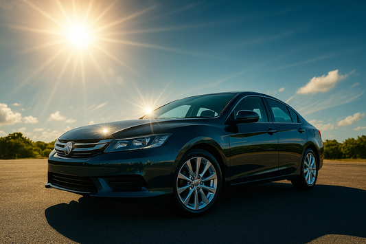 Clean, shiny car with gleaming paint and sparkling wheels parked under bright Australian summer sun, demonstrating proper car care protection against harsh UV rays