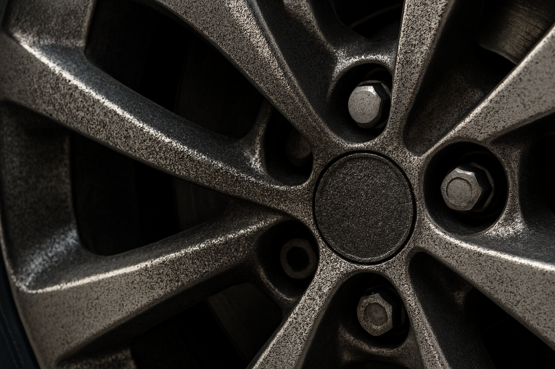 Close-up of brake dust buildup on car wheel spokes showing metallic particles and contamination