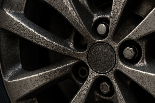 Close-up of brake dust buildup on car wheel spokes showing metallic particles and contamination