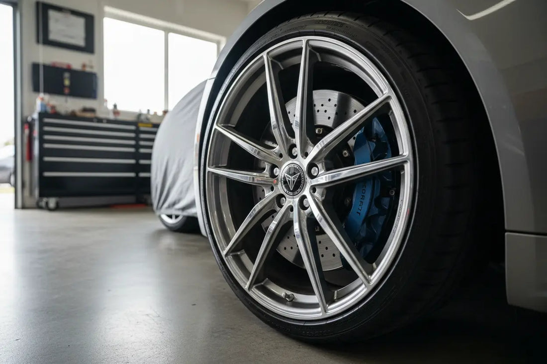Pristine detailed car wheel in clean garage setting