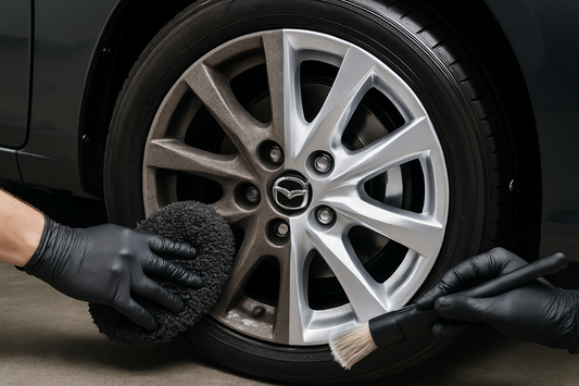 Car wheel showing before and after cleaning comparison - contaminated with brake dust, iron fallout and tar on one side, clean and glossy on the other side with detailing brush