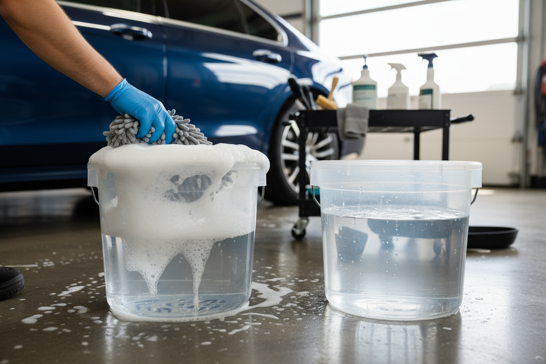 Two bucket car wash method with soapy water and rinse bucket for swirl-free detailing