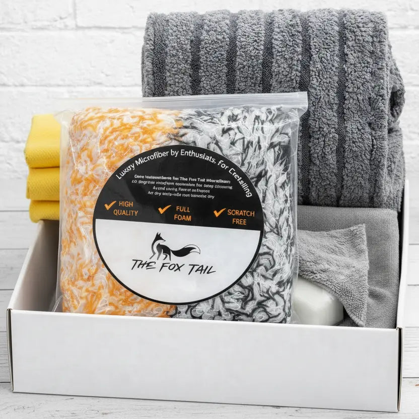 High end detailing bundle from The Fox Tail brand for perfect pro finishes on a white brick wall background.