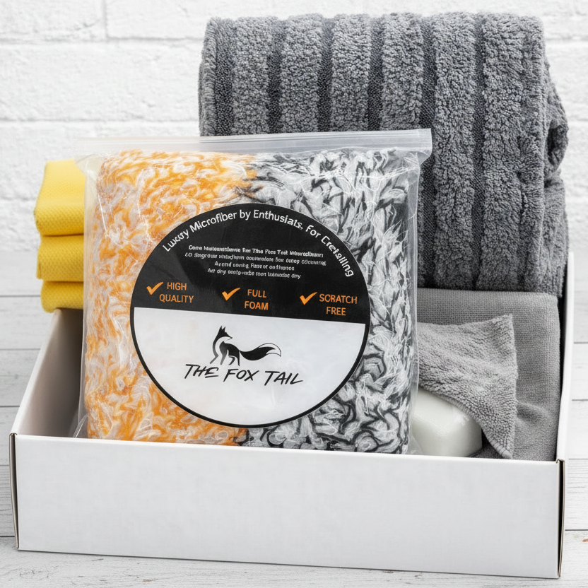 High end detailing bundle from The Fox Tail brand for perfect pro finishes on a white brick wall background.