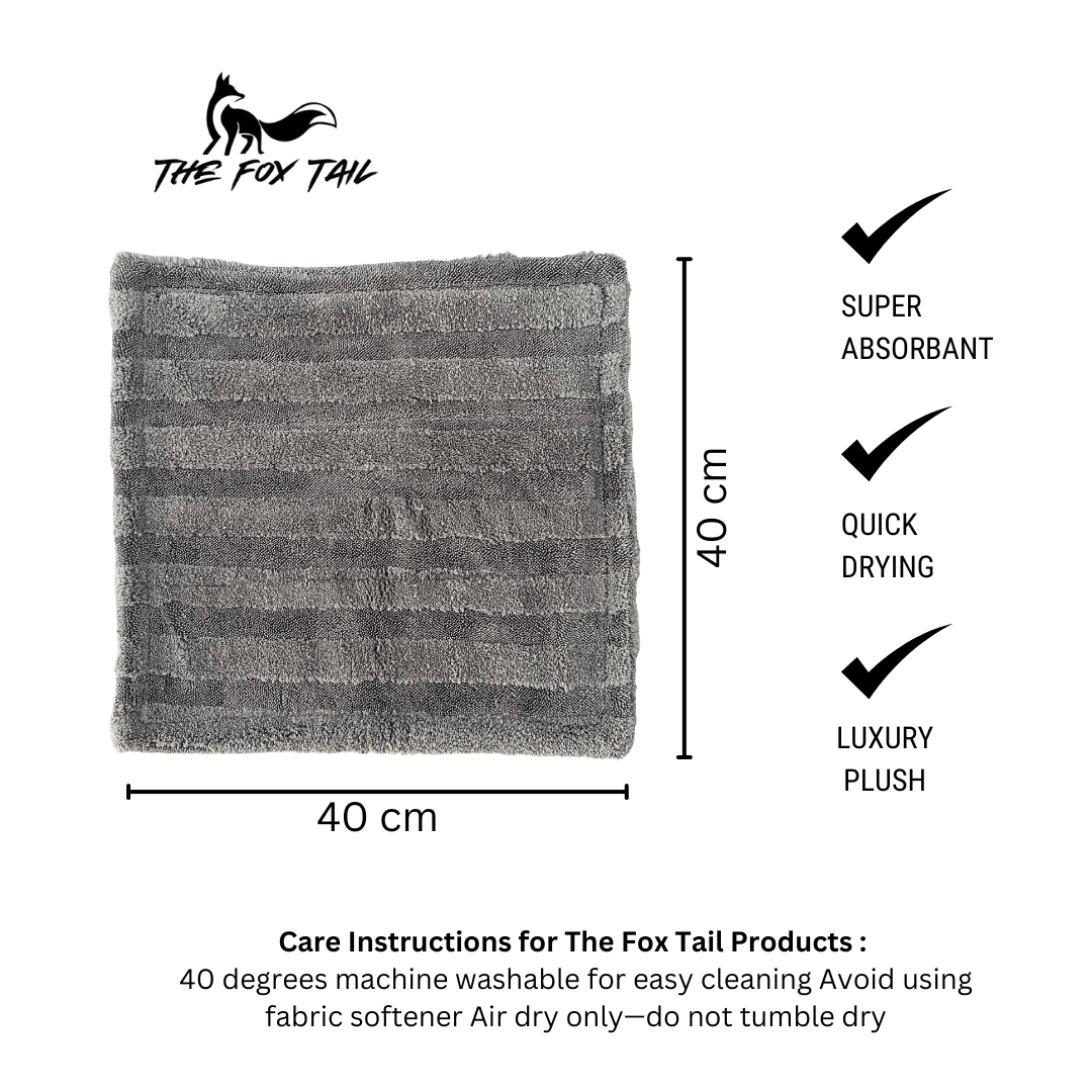 Grey car drying towel with product features and care instructions on a white background - by The Fox Tail
