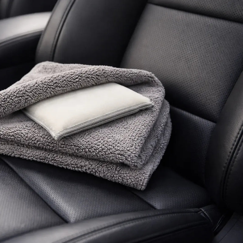 Leather Duo pack by Fox Tail. pro detailing results for beautiful natural leather. shocased on a black leahter seat